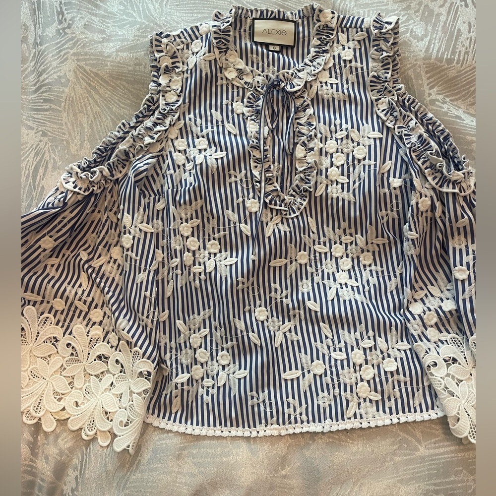 Alexis off shoulder blue and white strips shirt with white flowers embroidery
